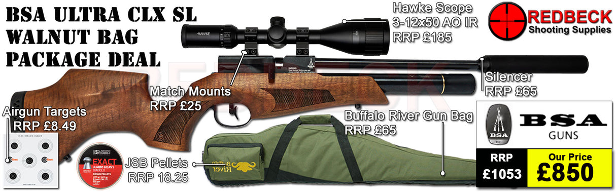 BSA Ultra CLX Walnut Side lever Air rifle Airgun bag package deal with Hawke 3-12x50 scop, A silencer, Gun bag, Targets and pellets