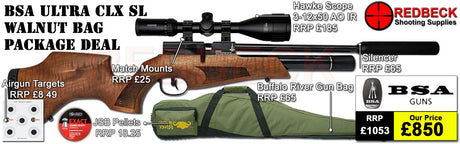 BSA Ultra CLX Walnut Side lever Air rifle Airgun bag package deal with Hawke 3-12x50 scop, A silencer, Gun bag, Targets and pellets