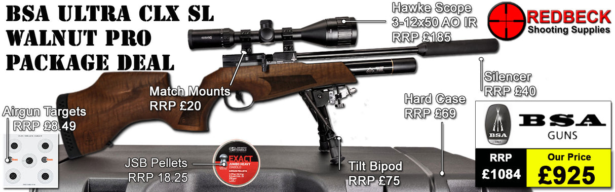 BSA ULTRA CLX Walnut SL SIDE LEVER AIR RIFLE PRO HARDCASE PACKAGE DEALS INCLUDES AIRGUN HAWKE 3-12X50 AO IR MSCOPE, MATCH MOUNTS, BIPOD, HARDCASE, PELLETS AND TARGETS.
