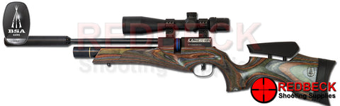 BSA ULTRA Pro Air Rifle Wilderness Edition with Green Laminate Stock shown from left hand side with scope mounted on top and silencer fitted.