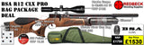 BSA R12 CLX PRO AIR RIFLE WITH WALNUT STOCK AND CARBON BOTTLE, BAG PACKAGE DEAL. THIS PACKAGE DEAL INCLUDES THE BSA r12 walnut airgun, hawke 3-12x50 AO IR scope, match mounts, quality gun bag pellets and targets.