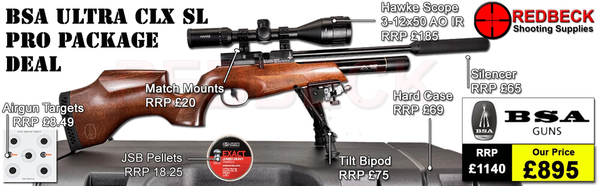 BSA ULTRA CLX SL SIDE LEVER AIR RIFLE PRO HARDCASE PACKAGE DEALS INCLUDES AIRGUN HAWKE 3-12X50 AO IR MSCOPE, MATCH MOUNTS, BIPOD, HARDCASE, PELLETS AND TARGETS.