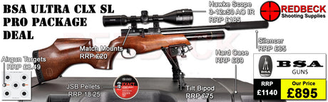 BSA ULTRA CLX SL SIDE LEVER AIR RIFLE PRO HARDCASE PACKAGE DEALS INCLUDES AIRGUN HAWKE 3-12X50 AO IR MSCOPE, MATCH MOUNTS, BIPOD, HARDCASE, PELLETS AND TARGETS.