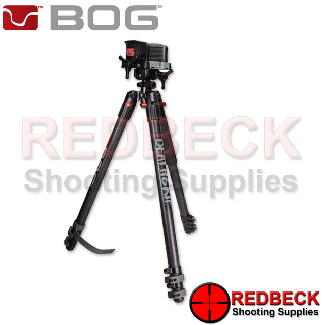 Bog Death Grip Clamping Carbon Tripod Front View showing The Rubber Clamp And The Carbon Fibre Legs. 