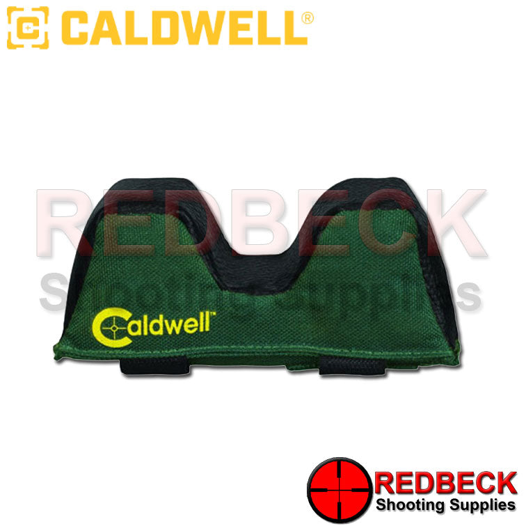 Caldwell Universal Front Rest Bag Narrow Sporter Filled Front View Showing The Green Material Used On The Rest Bag.