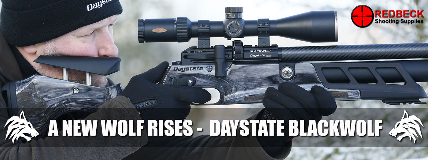Daystate Blackwolf Airrifle shown in picture with a man shooting the laminate cylinder version. The air rifle also comes in the Black wolf bottle version and walnut and tactical stock versions.