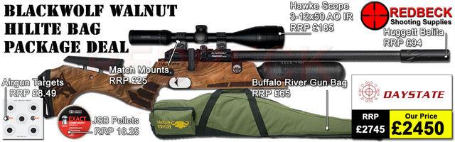 Daystate Black Wolf Walnut Hi Lite Bag Package Deal features a huggett belita, Hawke 3-12x50, Buffalo river gunbag, targets, pellets and match mounts