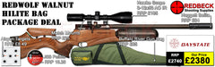 Daystate Red Wolf Walnut Hi Lite Bag Package Deal features a huggett belita, Hawke 3-12x50, Buffalo river gunbag, targets, pellets and match mounts