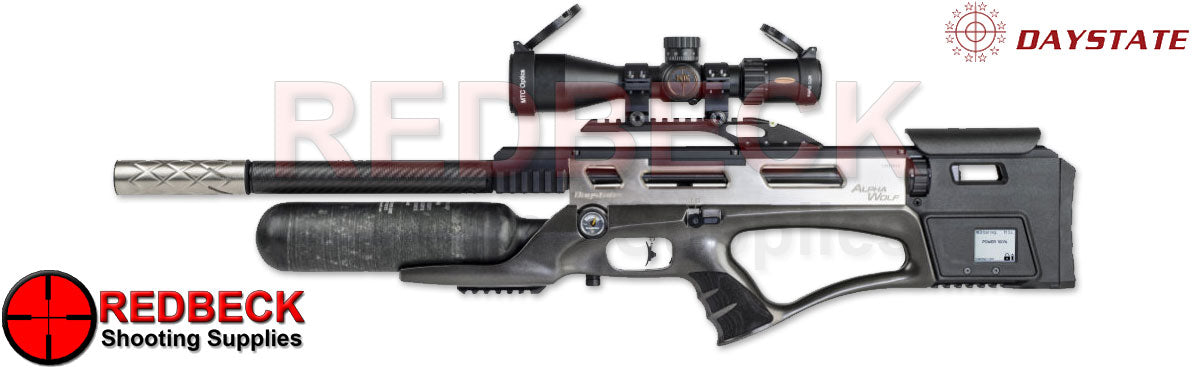 Daystate Alpha Wolf Carbon Air Rifle Left Hand View Showing the digital display and the magazine location 