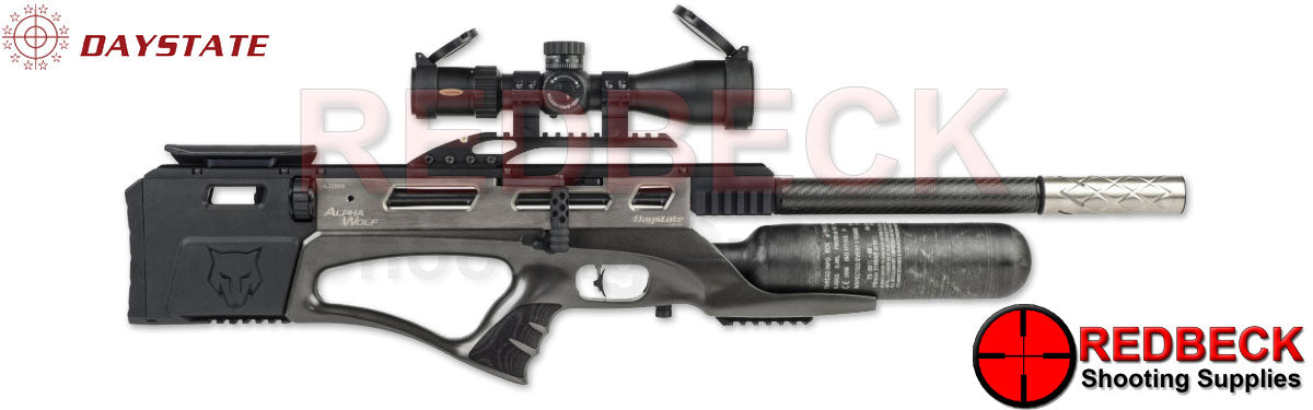 Daystate Alpha Wolf Carbon Air Rifle Right Hand View Showing the side lever and the silver odb moderator 