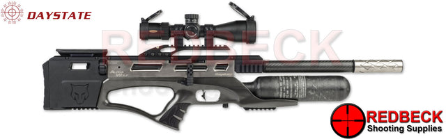 Daystate Alpha Wolf Carbon Air Rifle Right Hand View Showing the side lever and the silver odb moderator 