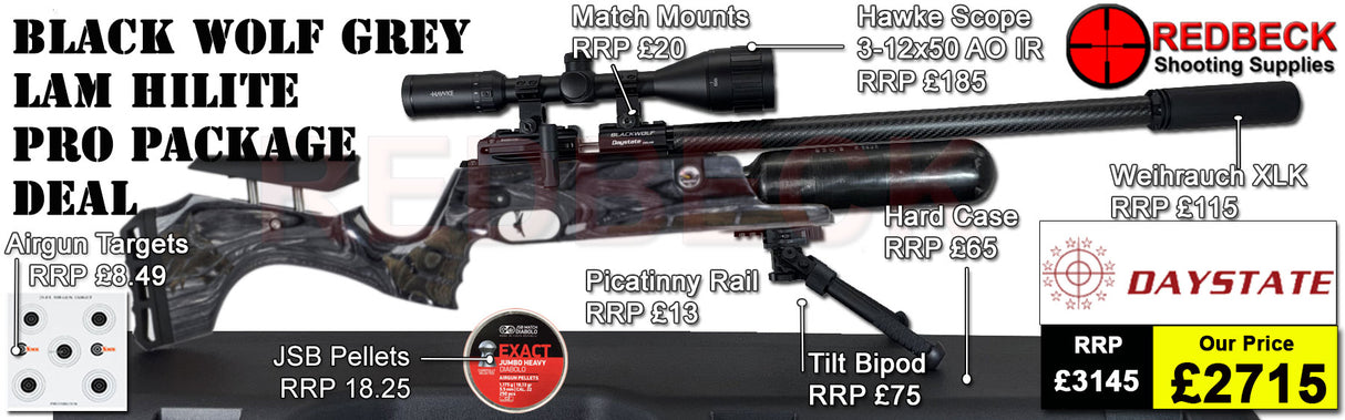 The Daystate Black Wolf Grey Laminate Hi Lite Package Deal is the most advanced PCP sporter in the world and for good reason. Included in the package deal is a Weihrauch Silencer, Hawke 3-12x50 AO IR Scope, Match Mounts, 1 Magazines, Fill Valve, Gun Case, Bipod, Picatinny Adapter, Pellets, Targets 