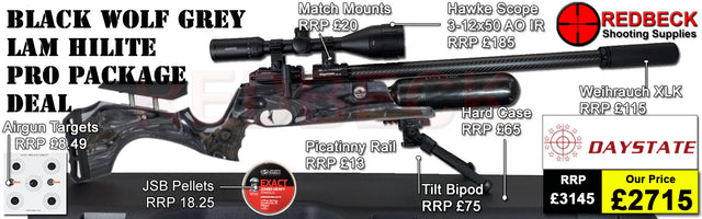 The Daystate Black Wolf Grey Laminate Hi Lite Package Deal is the most advanced PCP sporter in the world and for good reason. Included in the package deal is a Weihrauch Silencer, Hawke 3-12x50 AO IR Scope, Match Mounts, 1 Magazines, Fill Valve, Gun Case, Bipod, Picatinny Adapter, Pellets, Targets 