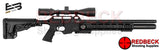 EDGAR BROTHERS EBA XV2-RS AIRRIFLE shown from left hand side includes scope and mounts and adjustable stock. This black tactical regulated rifle is ideal at its price point.