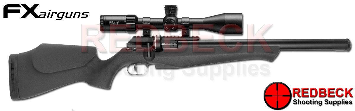 FX DRS CLASSIC AIRRIFLE BLACK SYTHETIC STOCK 500MM Barrel shown from right hand side. Shown with FX scope on top.