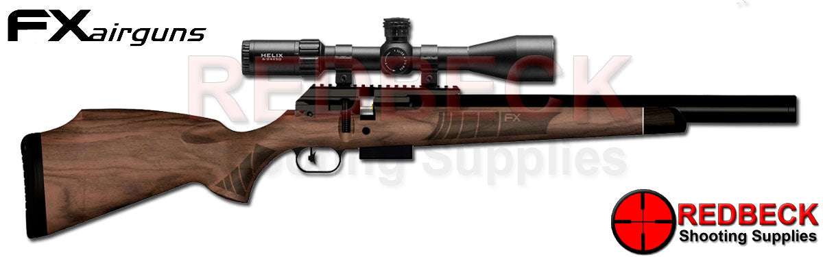 FX DRS CLASSIC AIR RIFLE WALNUT STOCK 500MM Barrel. sHOWN FROM RIGHT HAND SIDE FULL LENGTH OF AIRGUN. Shown with an  FX scope on top.