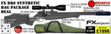 FX DRS Synthetic Air Rifle Bag Package Deal includes:
A fully tested certificated quality rifle.

Manufacturers Guarantee
FX DRS Synthetic Air Rifle&nbsp;
Hawke 3-12x50 AO IR Scope
Match Mounts
Weihrauch XLK Silencer
Magazine
Fill Valve
Buffalo River Gunbag

FX DRS Picatinny Scope rail