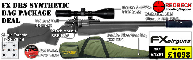 FX DRS Synthetic Air Rifle Bag Package Deal includes:
A fully tested certificated quality rifle.

Manufacturers Guarantee
FX DRS Synthetic Air Rifle&nbsp;
Hawke 3-12x50 AO IR Scope
Match Mounts
Weihrauch XLK Silencer
Magazine
Fill Valve
Buffalo River Gunbag

FX DRS Picatinny Scope rail