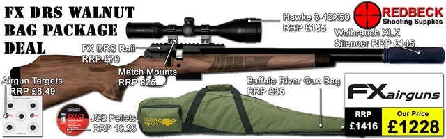 FX DRS Walnut Air Rifle Bag Package Deal includes:
A fully tested certificated quality rifle.

Manufacturers Guarantee
FX DRS Walnut Air Rifle&nbsp;
Hawke 3-12x50 AO IR Scope
Match Mounts
Weihrauch XLK Silencer
Magazine
Fill Valve
Buffalo River Gunbag

FX DRS Picatinny Scope rail
