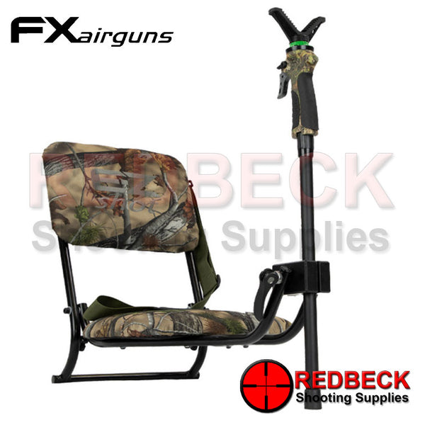 The FX E-Z Shot Folding Camo Shooting Chair ushers in the most convenient, light & portable shooting chair you've ever seen. Shown front right hand view camo chair and camo shooting rest stick.