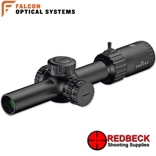 Falcon Optics ENDURA S10i+ 1-10x24 MRAD Angled Front View Showing the 24mm Front objective. 