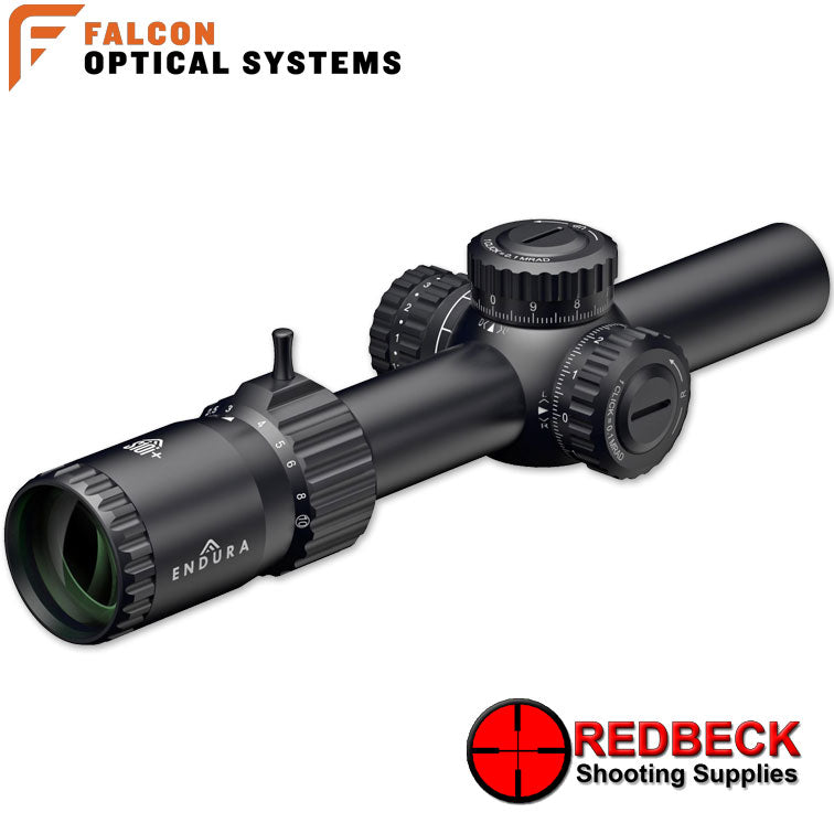 Falcon Optics ENDURA S10i+ 1-10x24 MRAD Angled Rear View Showing the magnification wheel and the included throw lever. 