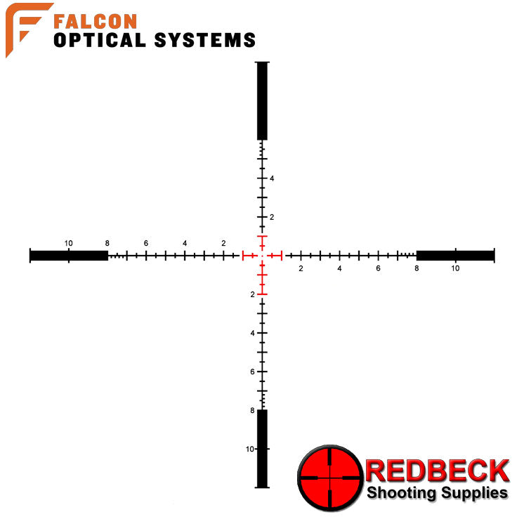 Falcon Optics ENDURA S10i+ 1-10x24 MRAD Reticle View showing the reticle in a partly Illuminated form.  
