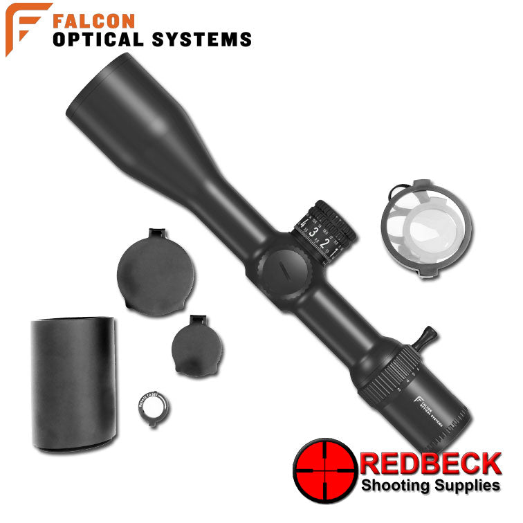 Falcon Optics S30i+ 3-30x56 Angled Front View Showing the scope and its accessories.