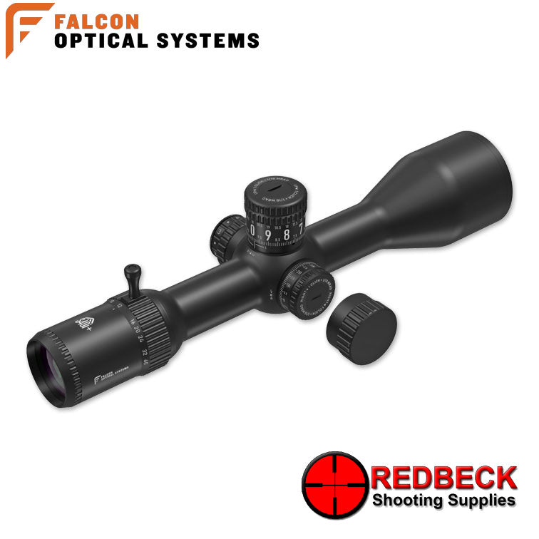 Falcon Optics S40i+ 4-40x58 FFP Angled Rear View Showing the magnification wheel and the included throw lever. 