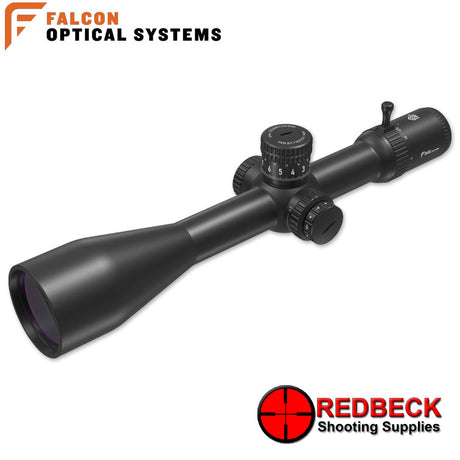 Falcon Optics T50i+ 5-50x60i ED Riflescope Angled Front view Showing the 60mm front objective lens. 