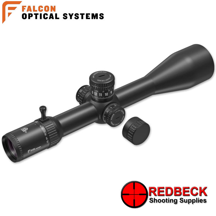 Falcon Optics T50i+ 5-50x60i ED Riflescope Angled Rear view Showing the 34mm tube to allow more light in for a clearer reticle. 