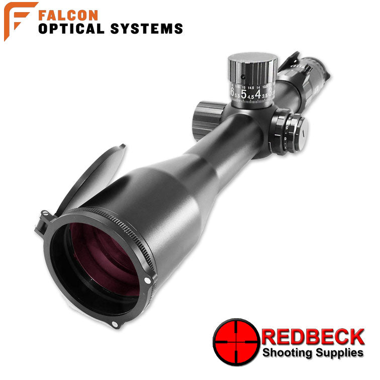 Falcon Optics X40i Ultra ELR 5-40x56 Angled Front View Showing the included flip covers. 