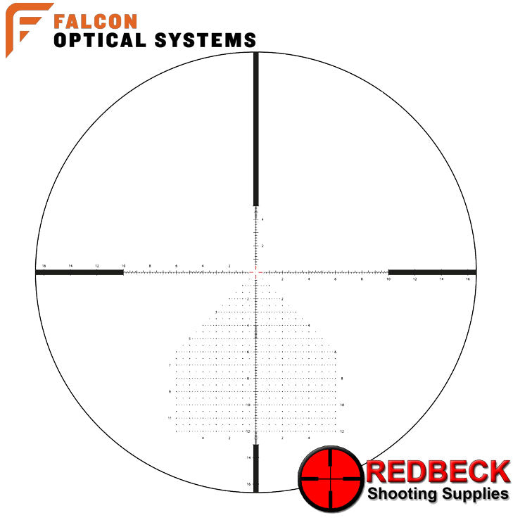 Falcon Optics X40i Ultra ELR 5-40x56 Reticle View Showing the MP2 fine mil point 2 mrad reticle. 