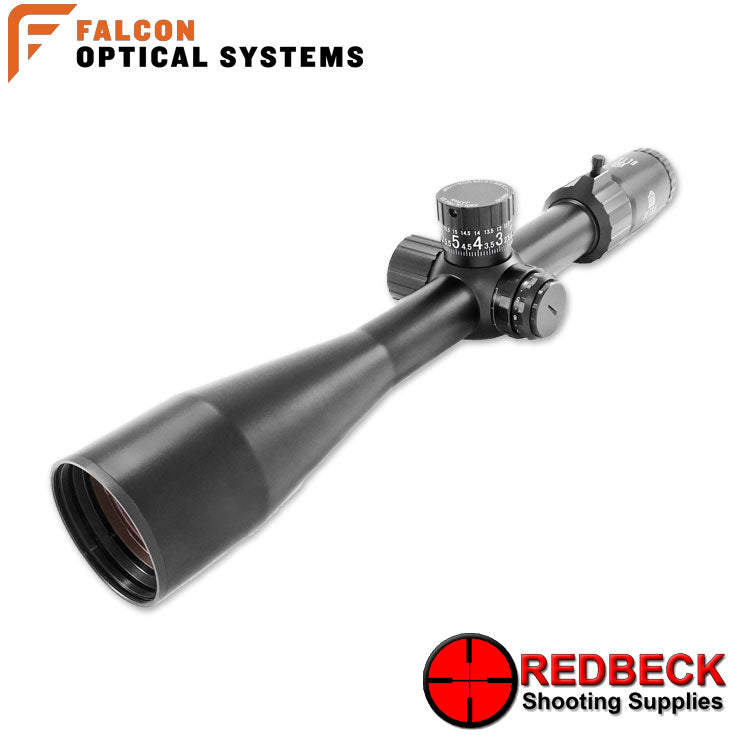 Falcon Optics X60i Ultra 10-60x56i SFP ED Angled Front View Showing the exposed top turret. 