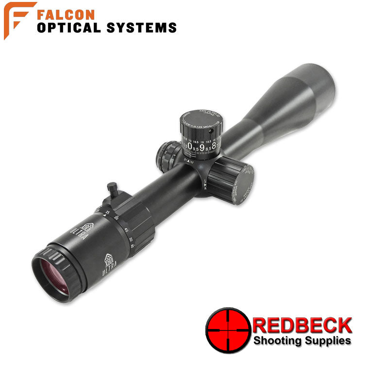 Falcon Optics X60i Ultra 10-60x56i SFP ED Angled Rear View scope showing the magnification wheel and the included throw lever. 