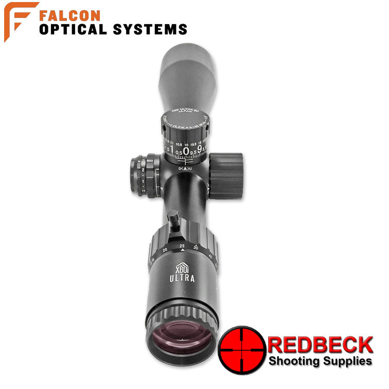 Falcon Optics X60i Ultra 10-60x56i SFP ED Rear View showing the included throw lever and the magnification wheel. 