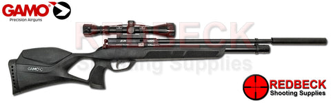 Gamo GX250 PCP Air Rifle with black stock. Shown from the right hand side. Package includes 3-9x40 scope, mounts and a moderator.