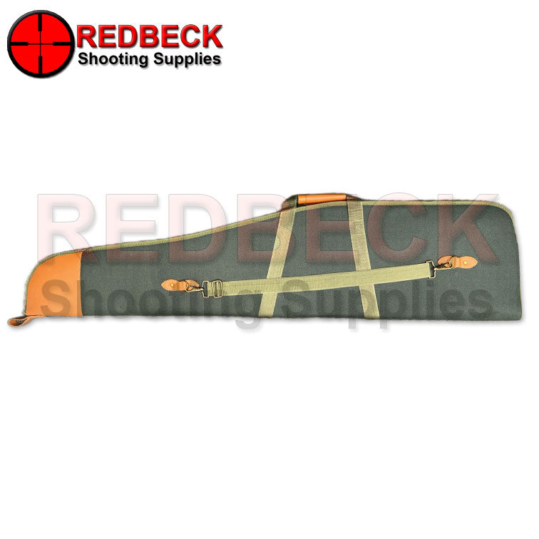 left hand side view of double scoped rifle bag for carrying two air rifle/ rifle/ guns deluxe gunbag. showing carrystrap in green