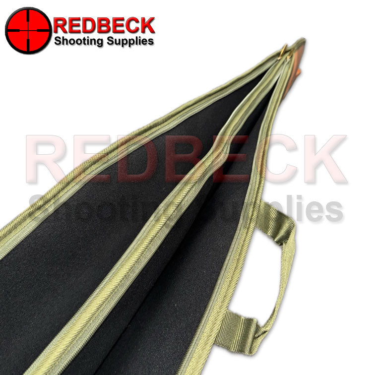 open view of double scoped rifle bag for carrying two air rifle/ rifle/ guns deluxe gunbag. showingboth side of bag open and the felt inside