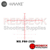 Hawke Frontier 30 FFP 5-30x56 IR MIL PRO Scope showing the reticle illuminated. 
