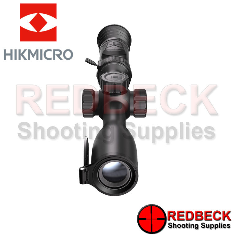 HIKMICRO A50P Alpex Pro Digital Day and Night Vision Rifle Scope Front View showing the power button and the menu button. 