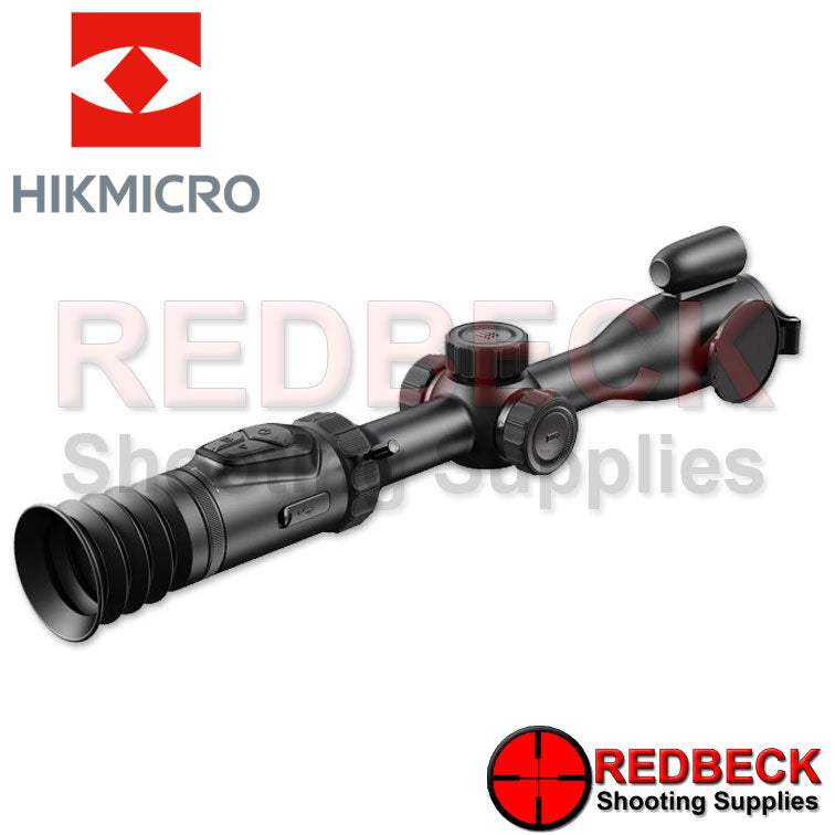 HIKMICRO A50PL Alpex Pro Digital Day and Night Vision Rifle Scope with LRF Angled Rear View showing the rubber eye piece and the menu buttons.  