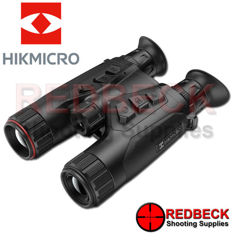HIKMICRO Habrok 35mm 384x288 20mk Multi-Spectrum Thermal Imaging and Digital Night Vision Binoculars. Shown from left hand side angled view. Shown control buttons from the top.