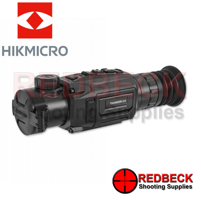 HIKMICRO Thunder 2.0 TH35 Thermal Rifle Scope Left Hand Side View Showing The Flip Cover And The Focus Knob. 