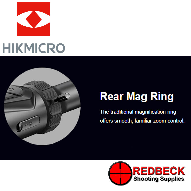 HIK Alpex Pro Digital Night Vision Rifle Scope with LRF. Image shows the adjustable rear magnification ring.