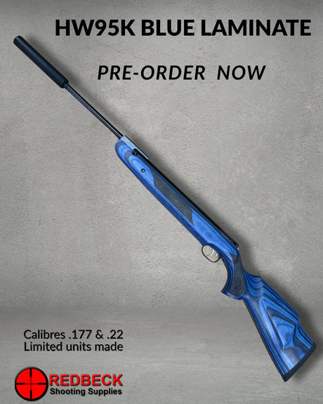 weihrauch HW 95 carbine BLUE laminate stock LIMITED EDITION air  rifle With Silencer Poster Showing the overall look of the new gun. 