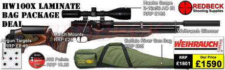 HW100X new 2025 Adjustable LAMINATE STOCK AIRRIFLE BAG PACKAGE DEAL INCLUDES HW100KT LAMINATE, 3-12X50 AO IR HAWKE SCOPE, MATCVH MOUNTS, PELLETS TARGETS AND AIRGUN BAG