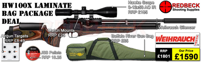 HW100X new 2025 Adjustable LAMINATE STOCK AIRRIFLE BAG PACKAGE DEAL INCLUDES HW100KT LAMINATE, 3-12X50 AO IR HAWKE SCOPE, MATCVH MOUNTS, PELLETS TARGETS AND AIRGUN BAG