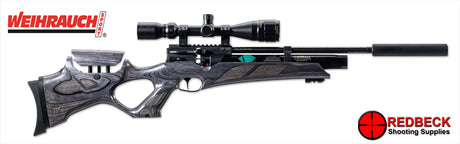 The Weihrauch HW110 laminate air rifle shown with a scope and the new adjustable stock and butt plate.