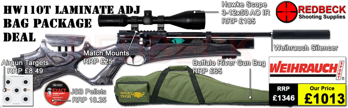 Weihrauch HW110T thumbhole Laminate adjustable air Rifle Airgun Pro Package deal with Hawke 3-12x0, Buffalo river Gun Bag
